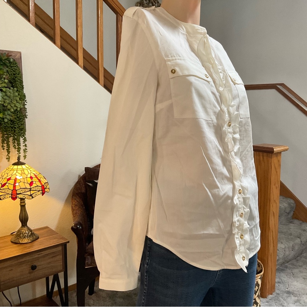 Anne Fontaine Reno Ruffled White Button Down Shirt Blouse with Gold Buttons - Picture 3 of 10